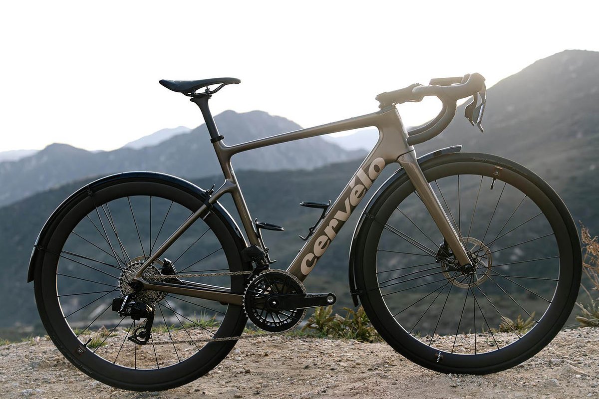 Side view of a road bike on a mountain overlook.