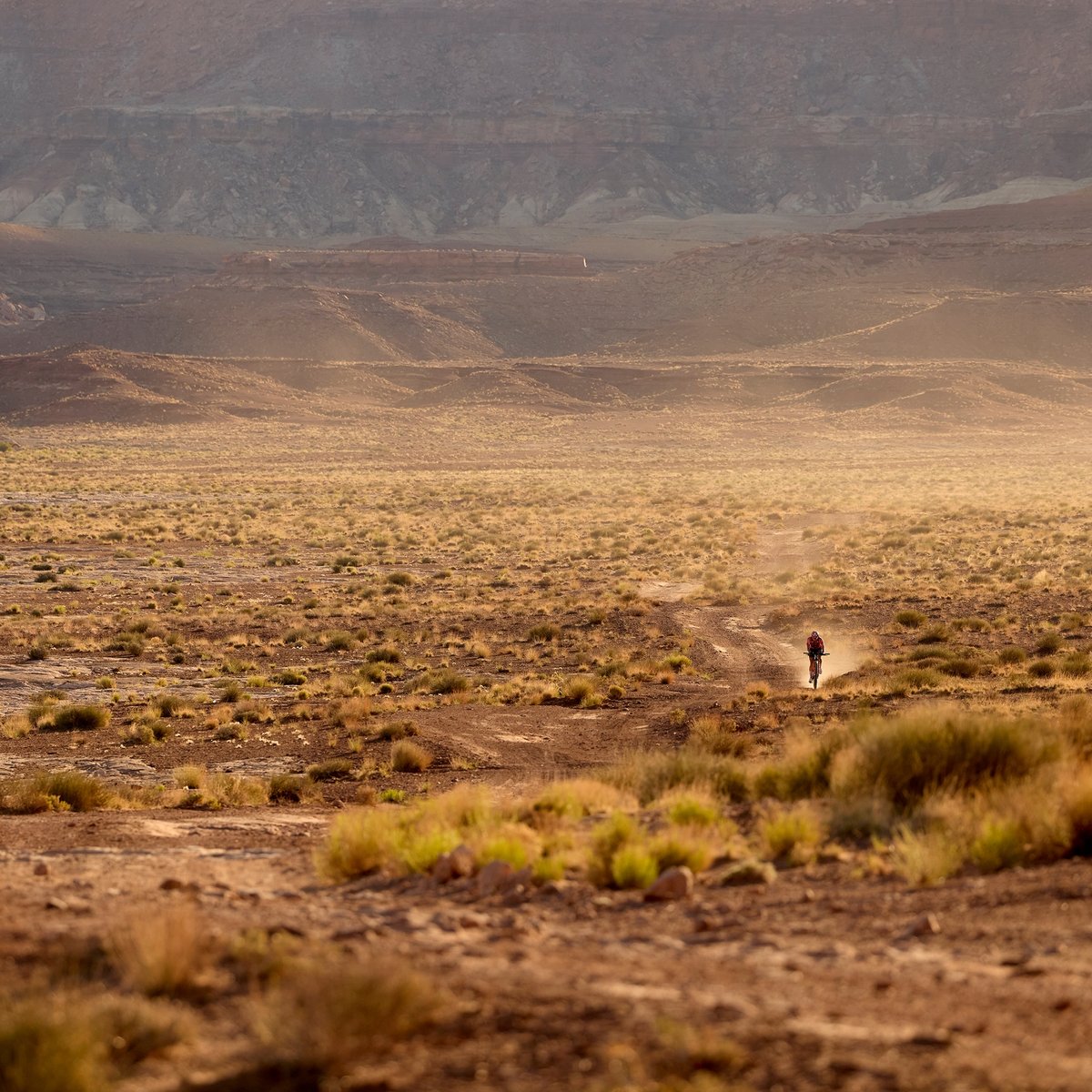 Far in the distance, Hannah rides on a dusty path through a vast, arid desert landscape with scattered shrubs and distant hills under hazy light.