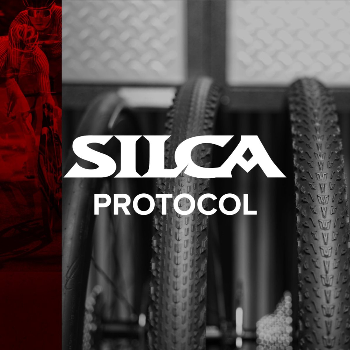 SILCA Protocol logo over a close-up of knobby mountain bike tires stored on a rack, with a red-tinted cyclist image on the left.