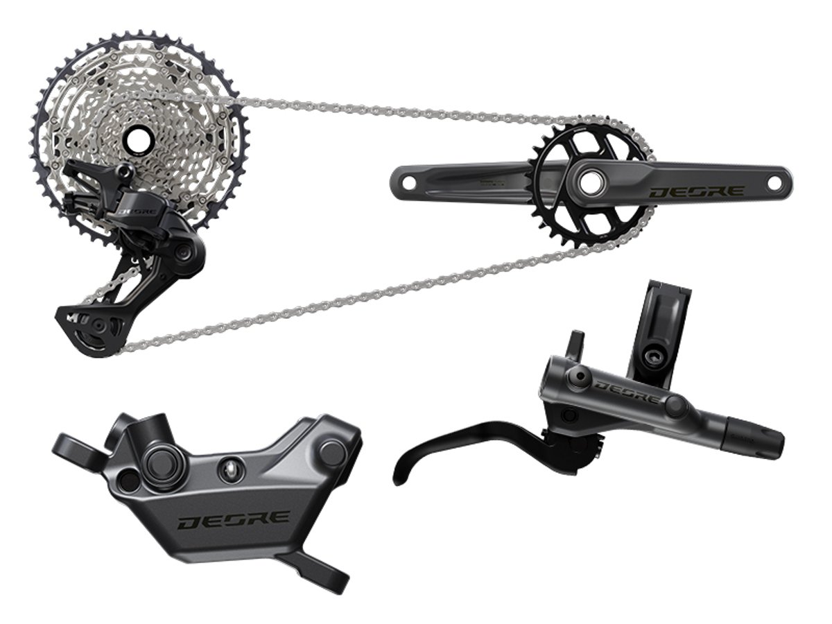 Shimano Deore groupset components on a white background, including cassette, rear derailleur, chain, crankset, brake caliper, and brake lever.