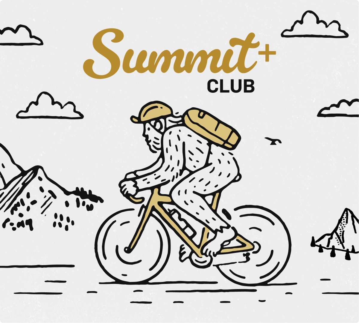 Illustrated Yeti cycling in front of a mountain landscape. Summit Club+.