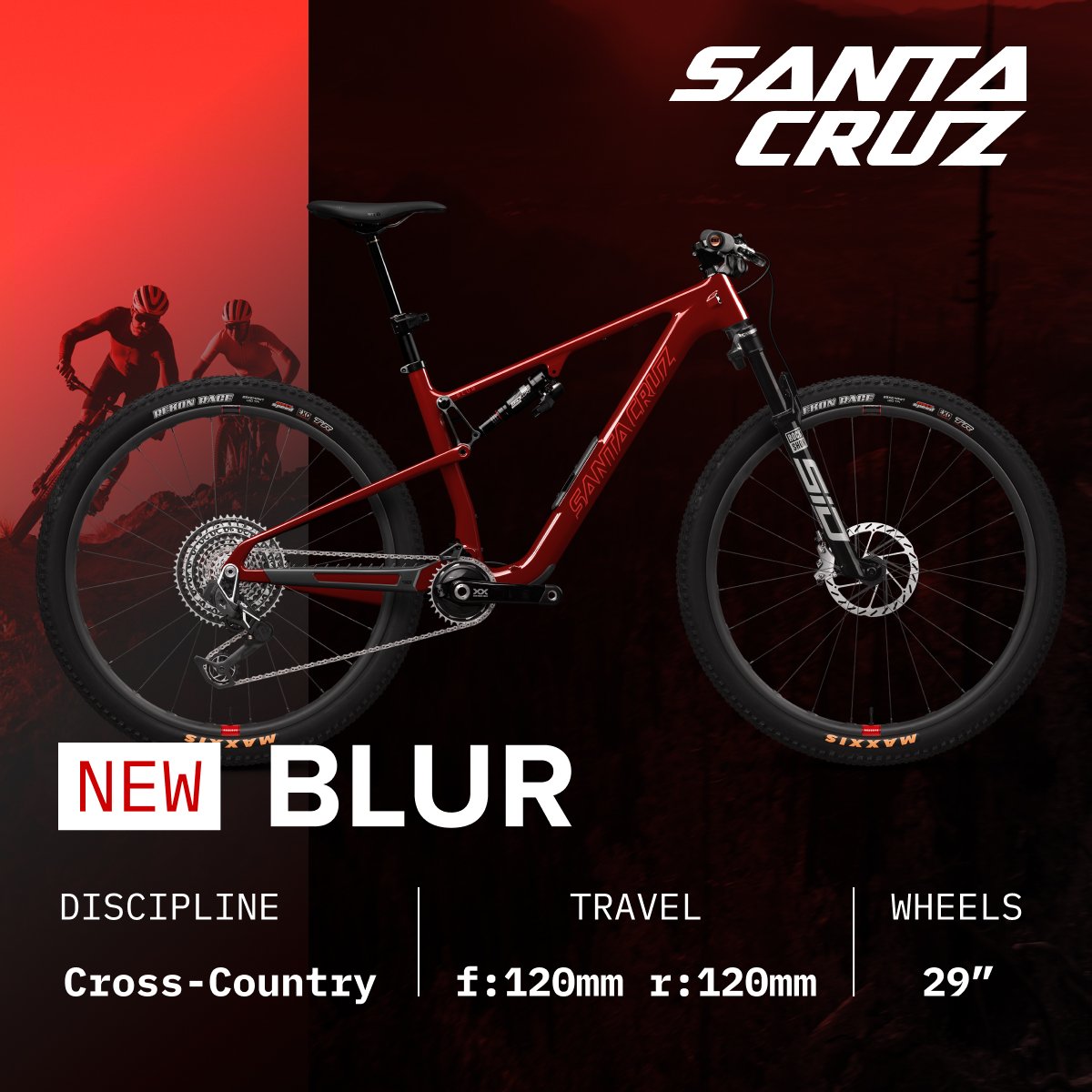 A glossy red XC mountain bike. Text reads New Santa Cruz Blur. Discipline: Cross-country. Wheels: 29”. Travel: 120mm front and rear.