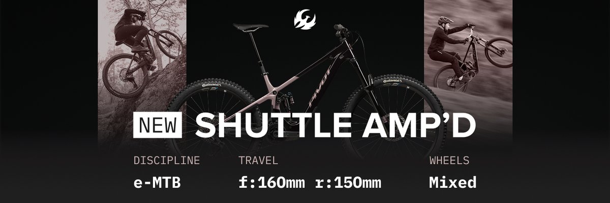 The new Pivot Cycles Shuttle AMP'd e-MTB, featuring a full-suspension bike centered against a dark background, flanked by two action shots of riders on trail.
