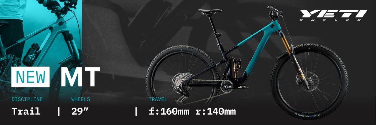 A teal and white mountain bike under the Yeti logo. Text reads “new LT. Discipline: enduro, Wheels: 29” or MX, travel: 170mm front and 160mm rear.”