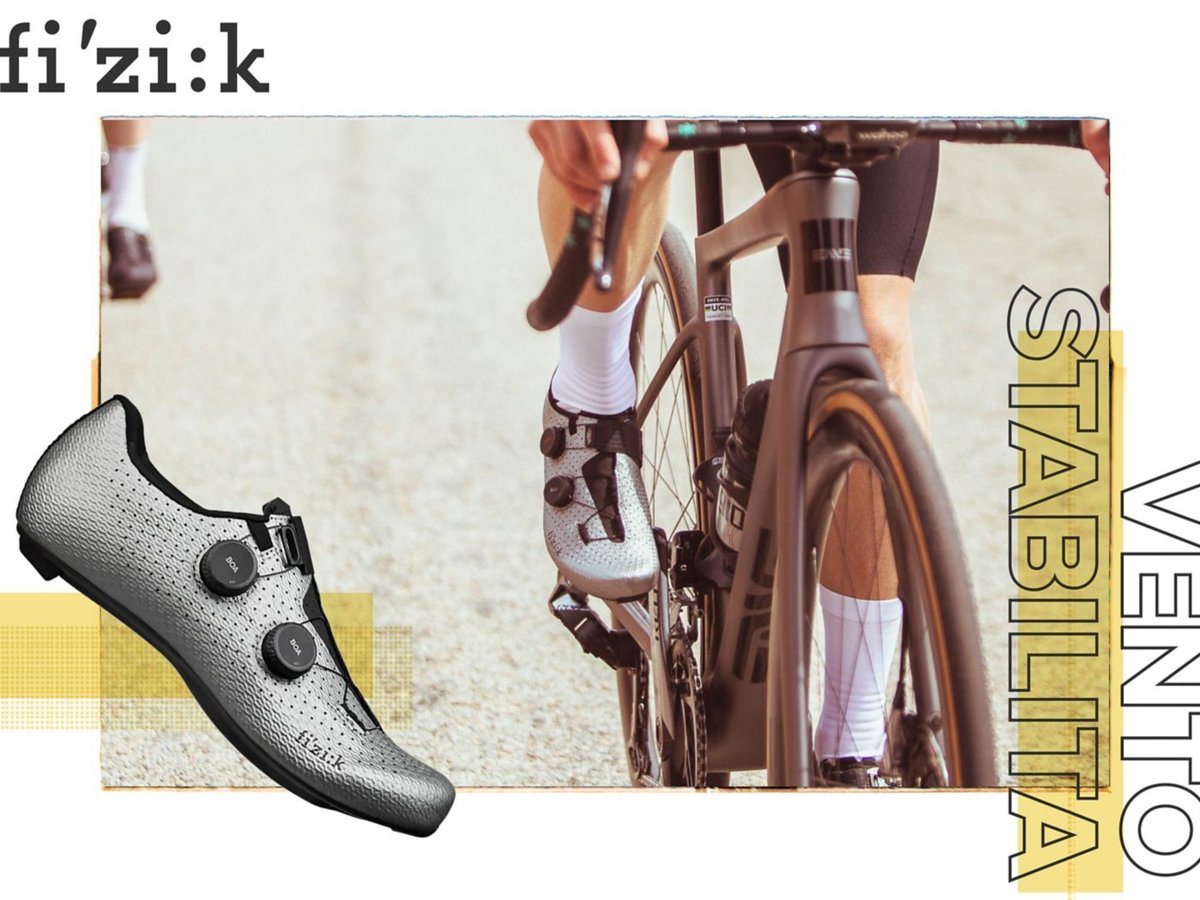 A silver Vento Stabilita is shown in side-profile over an image of a road cyclist riding up a climb. A desert landscape is in the background.