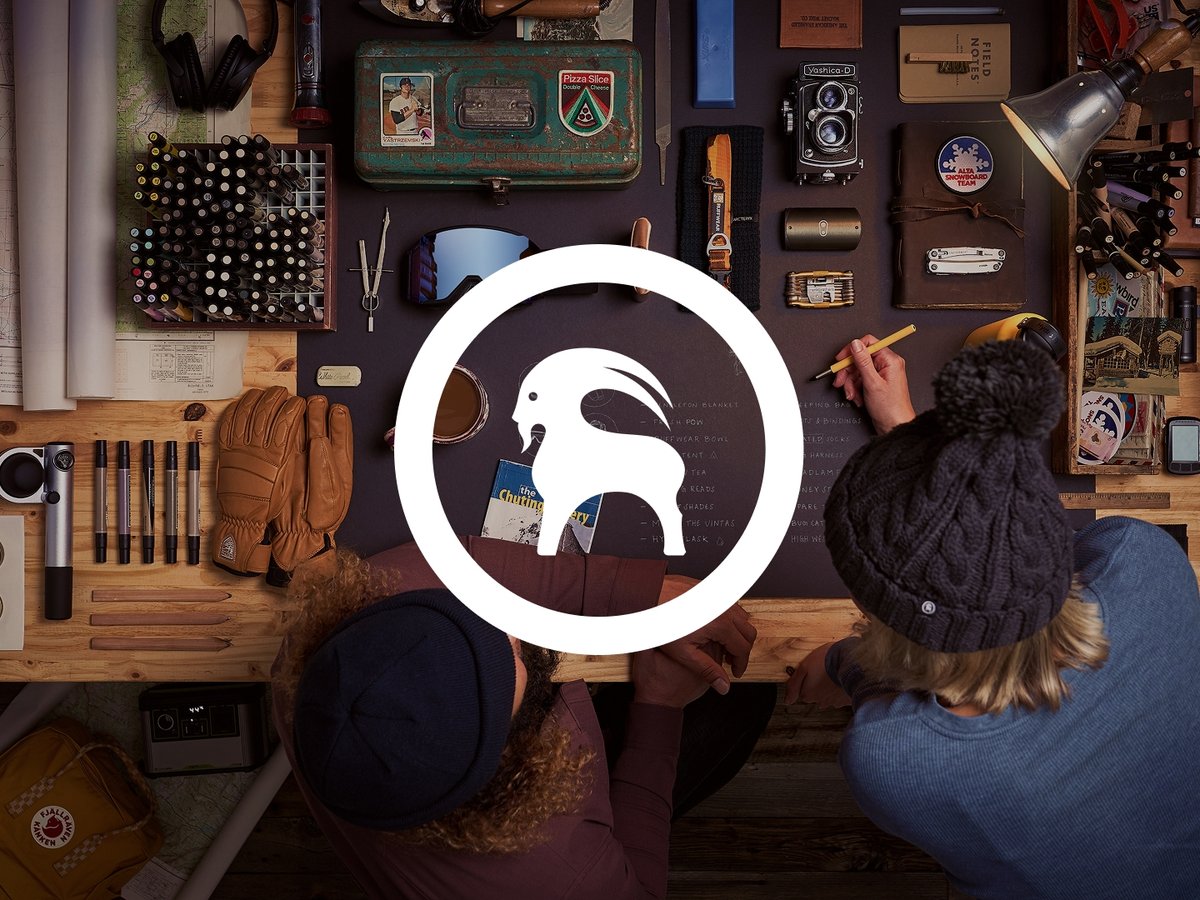 backcountry goat logo overlayed a gear room image.