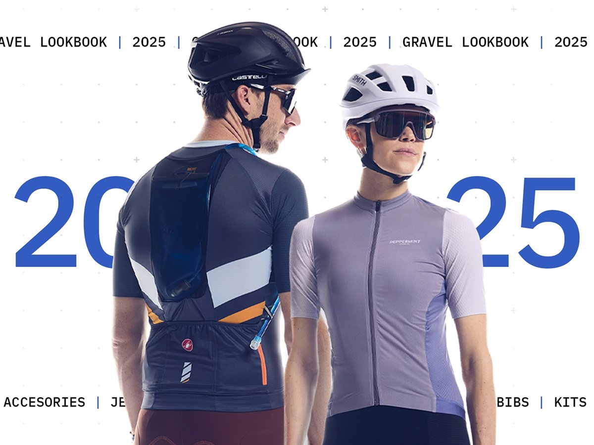 Two cyclists stand wearing full cycling kits. Text overlay reads: 2025 Gravel Apparel Lookbook.