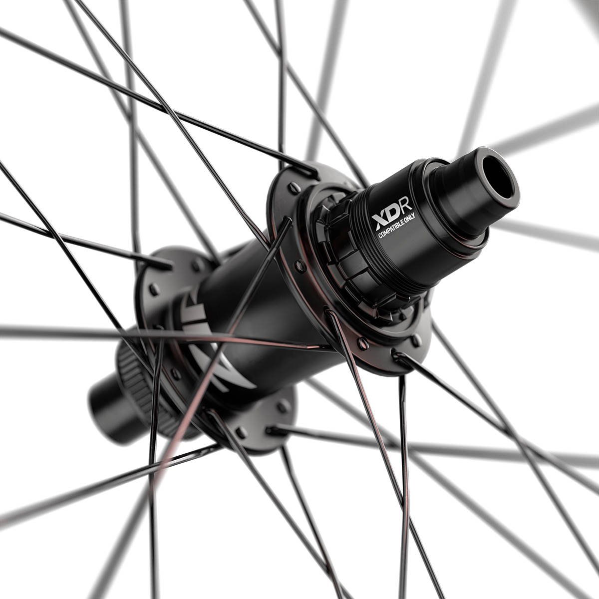  Close-up of a Zipp rear hub with XDR driver body and crossed black spokes against a white background.