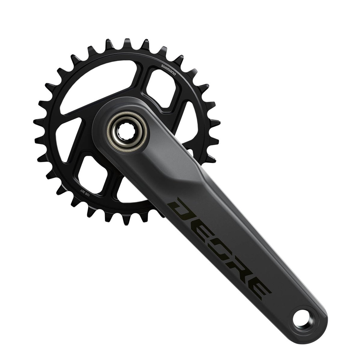 Shimano Deore FC-M6200 crankset with 30-tooth chainring on a white background.