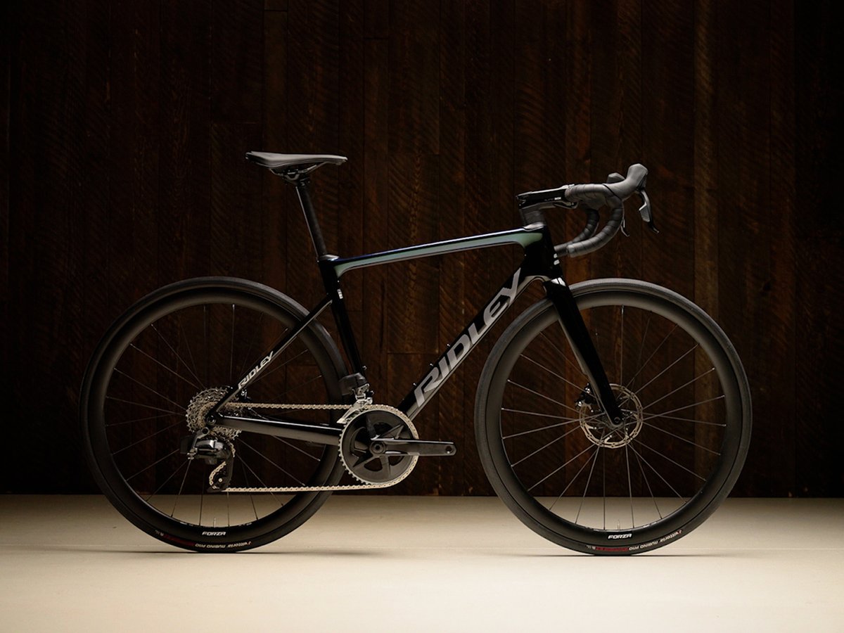 The Ridley Falcn road bike in gloss black with subtle iridescent detailing, shown in a side profile against a dark wood background.