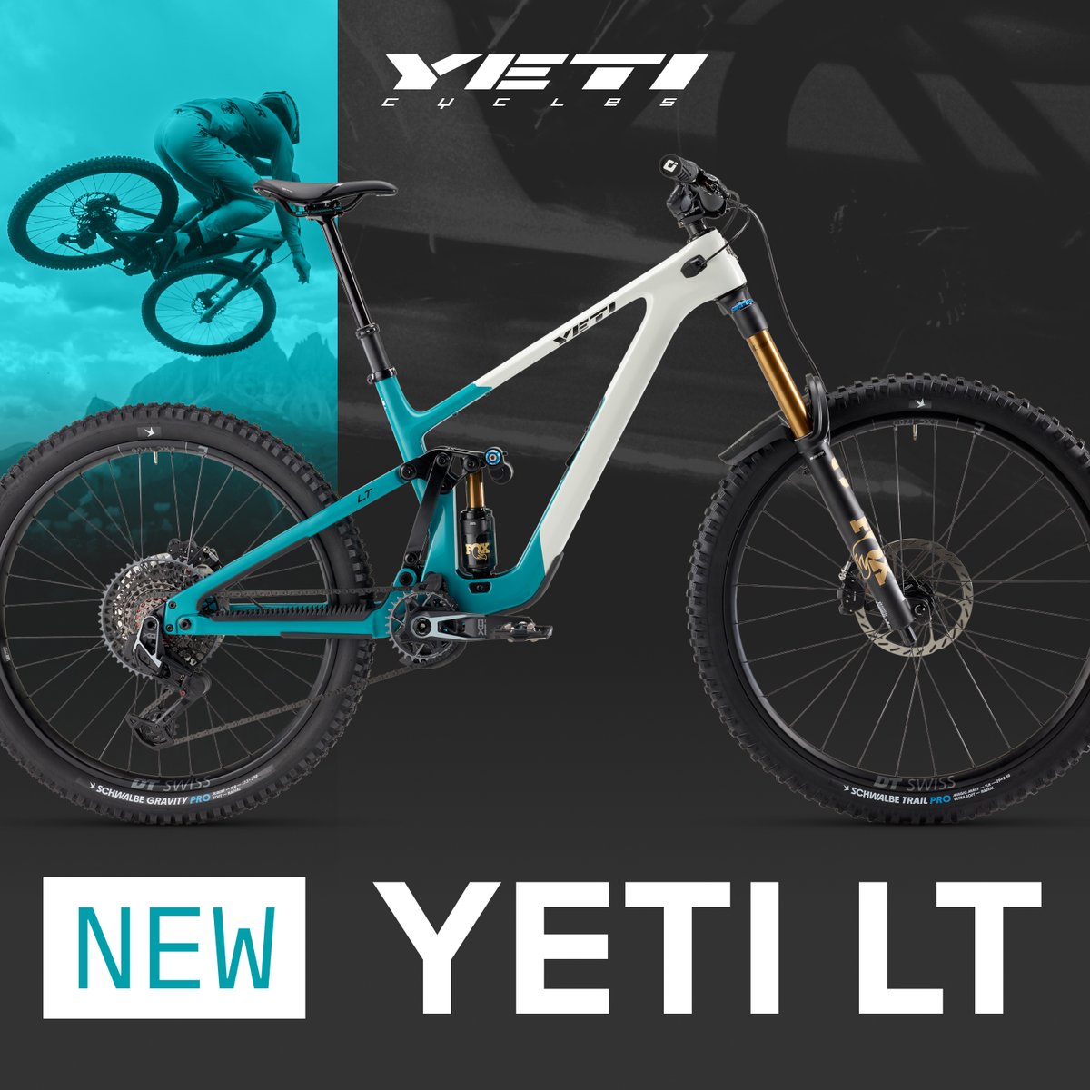 A teal and white mountain bike under the Yeti logo. Text reads “new LT.”