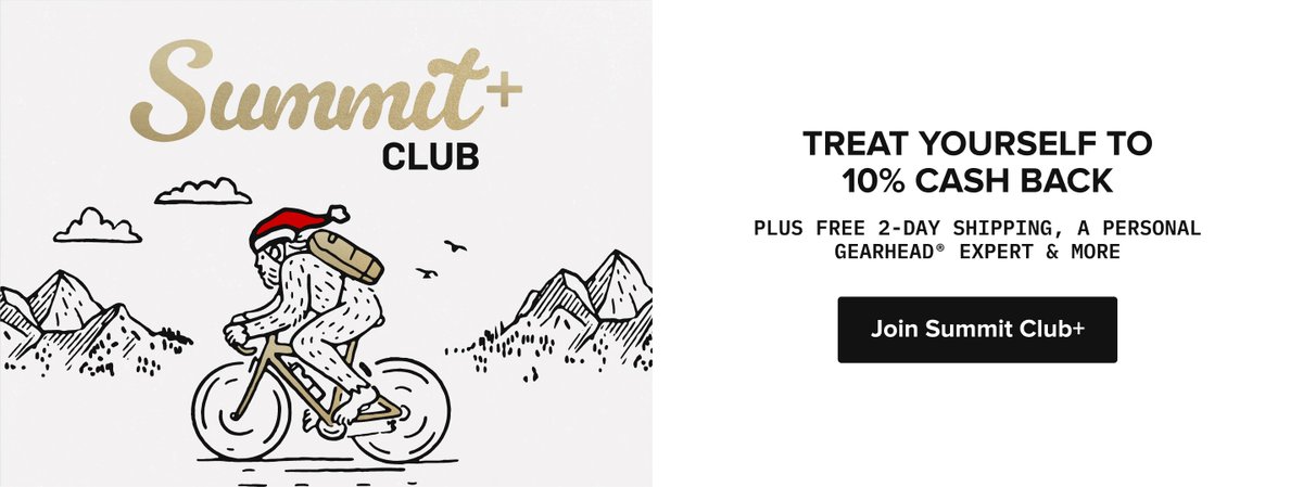 A line drawing of a Yeti wearing a Santa hat riding a bike through a mountain landscape, with the words "Summit Club+" above.