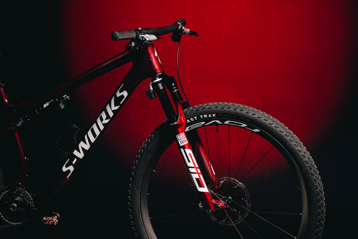 Close-up of front-half of Specialized Epic 9 S-Works bike.
