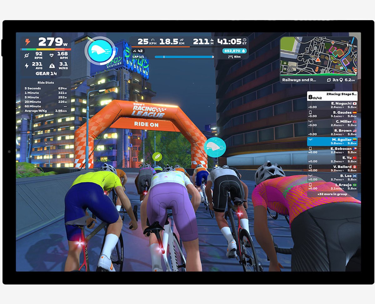 A screenshot of a cycling training program race simulation.