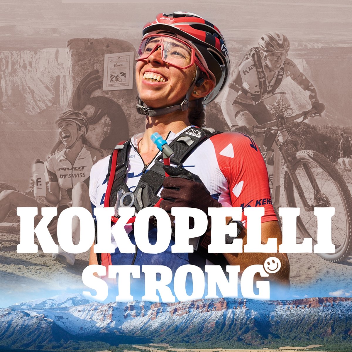 Wearing a red and white jersey, helmet, and hydration pack, Hannah Otto stands in the foreground, with the text "KOKOPELLI STRONG" overlaid, and a background collage featuring Hannah throughout her FKT and a distant snow-covered mesa.