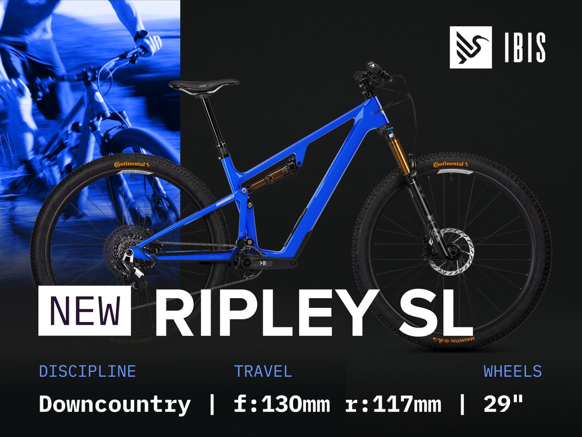 A blue short travel mountain bike against a black background with a blurred blue-tinted rider on the left, the Ibis logo on the top right, and text reading “New Ripley SL— Discipline: Downcountry, Travel: f:130mm r:117mm, and Wheels: 29.”