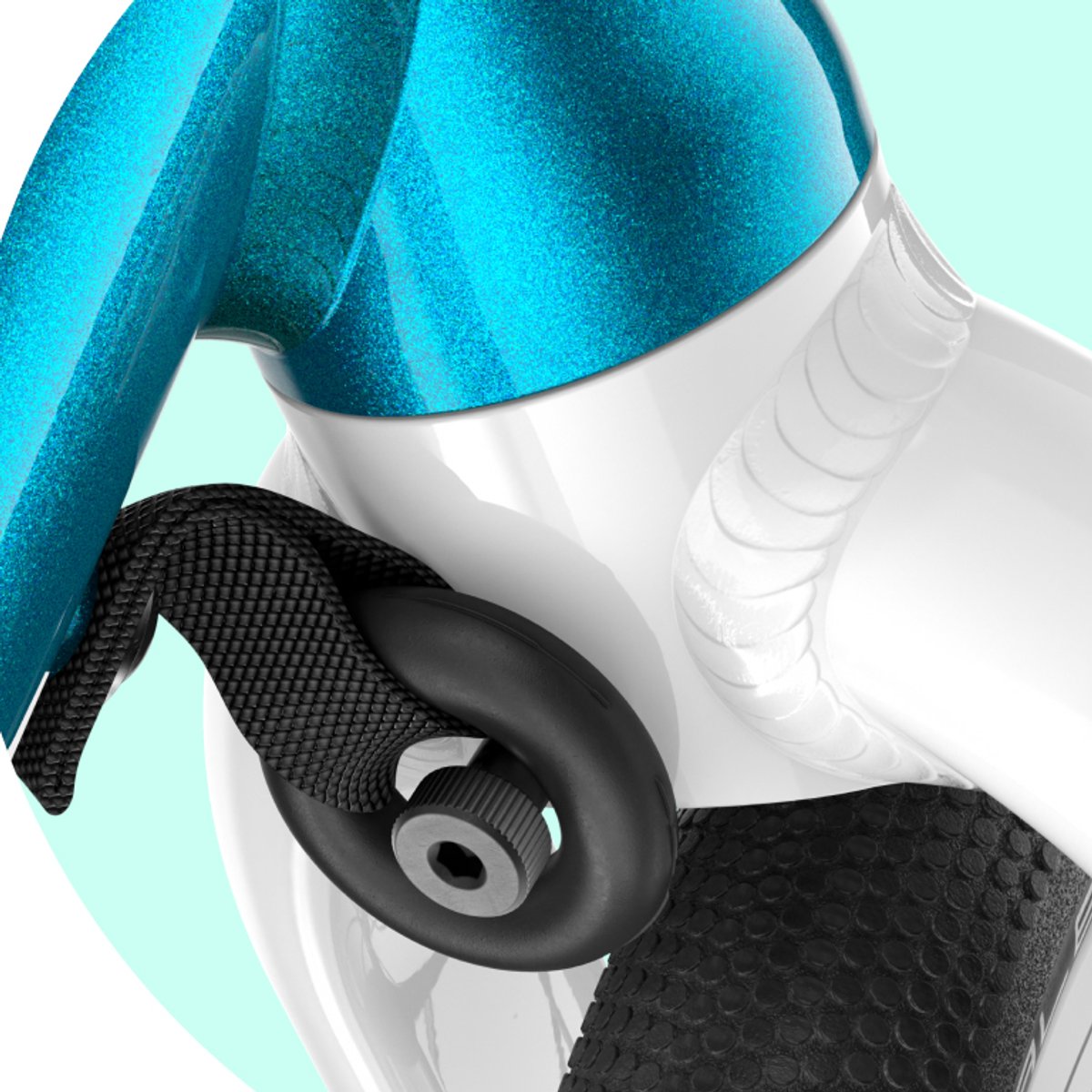 Detail shot of the steering limiter attachment between front fork and frame.