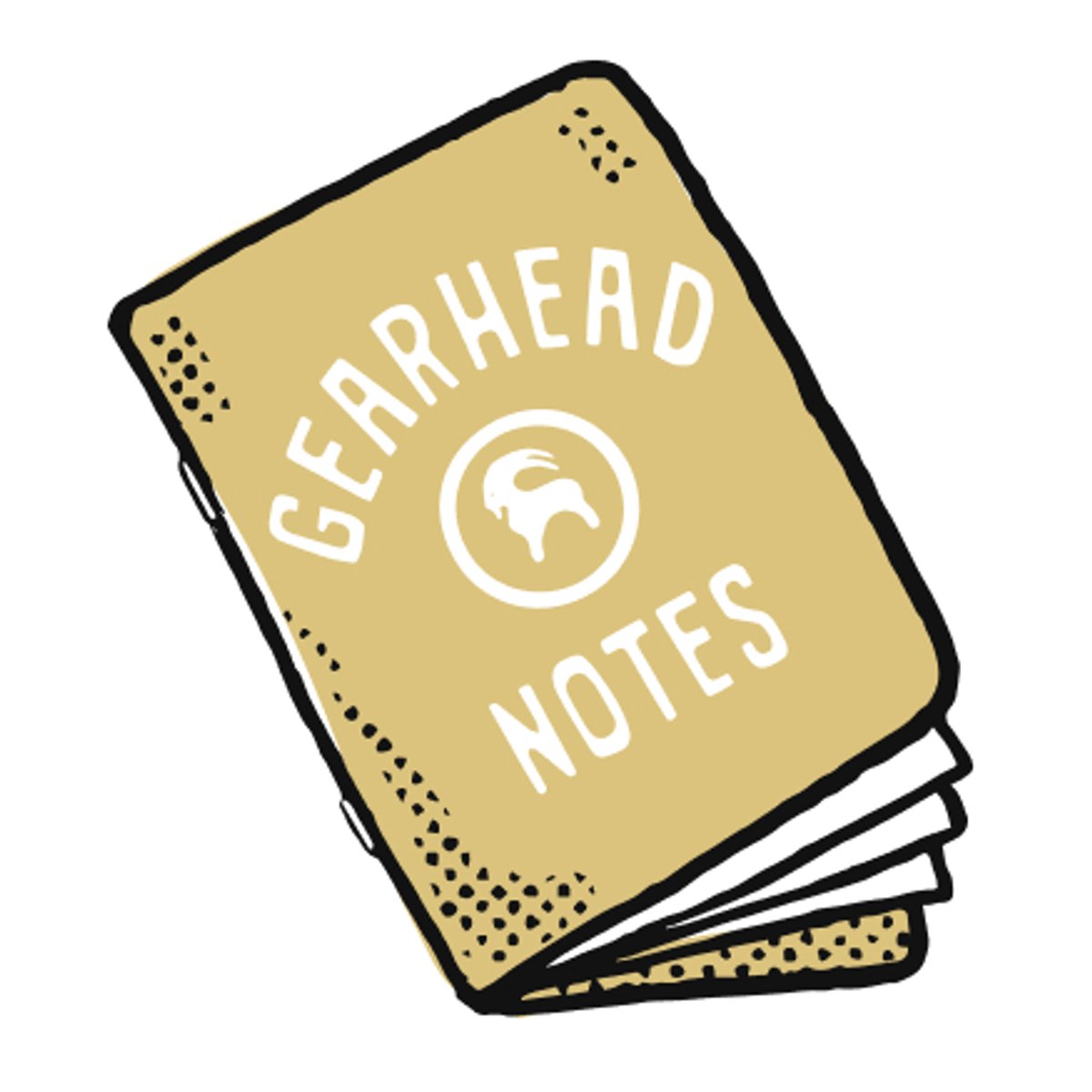 Illustrated notebook with a gold cover reading “Gearhead Notes” around a goat logo in a circle.