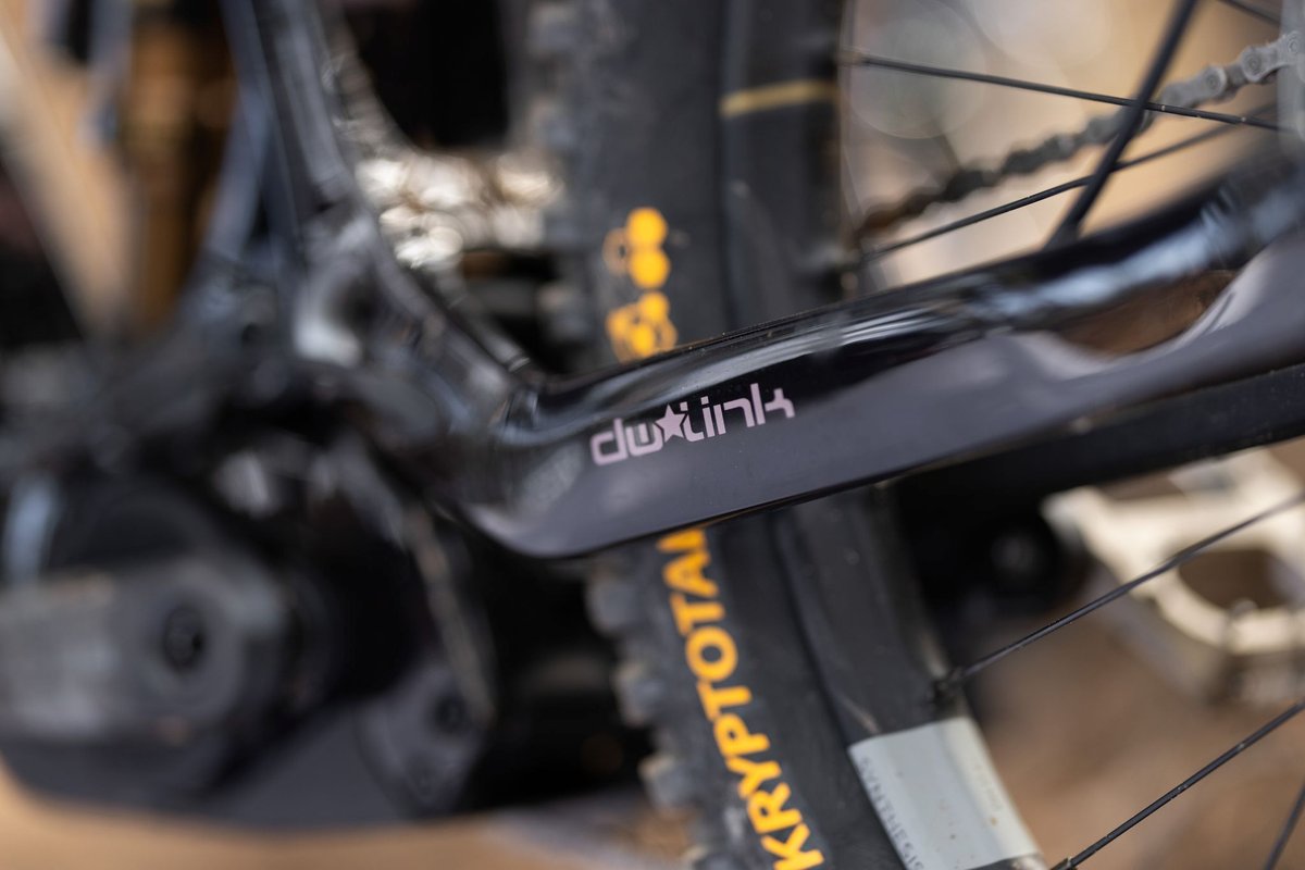 Close-up of mountain bike DW-Link rear suspension linkage with Kryptotal tire and drivetrain components