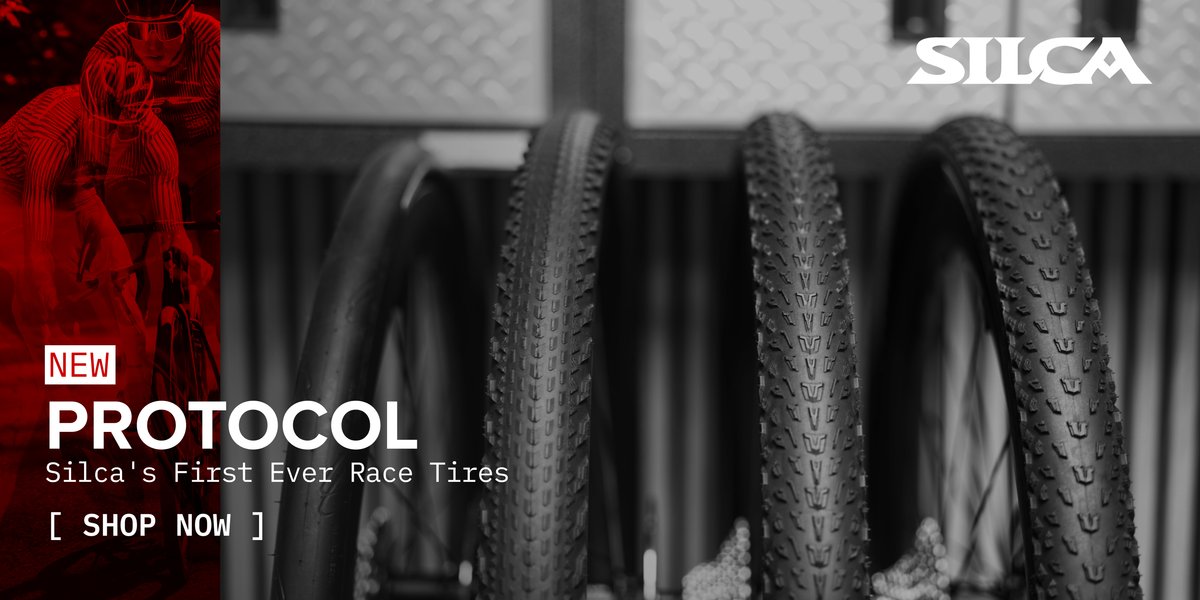 SILCA Protocol race tires displayed on rims, showcasing aggressive knobby tread pattern. Text reads: New Protocol — Silca's First Ever Race Tires.