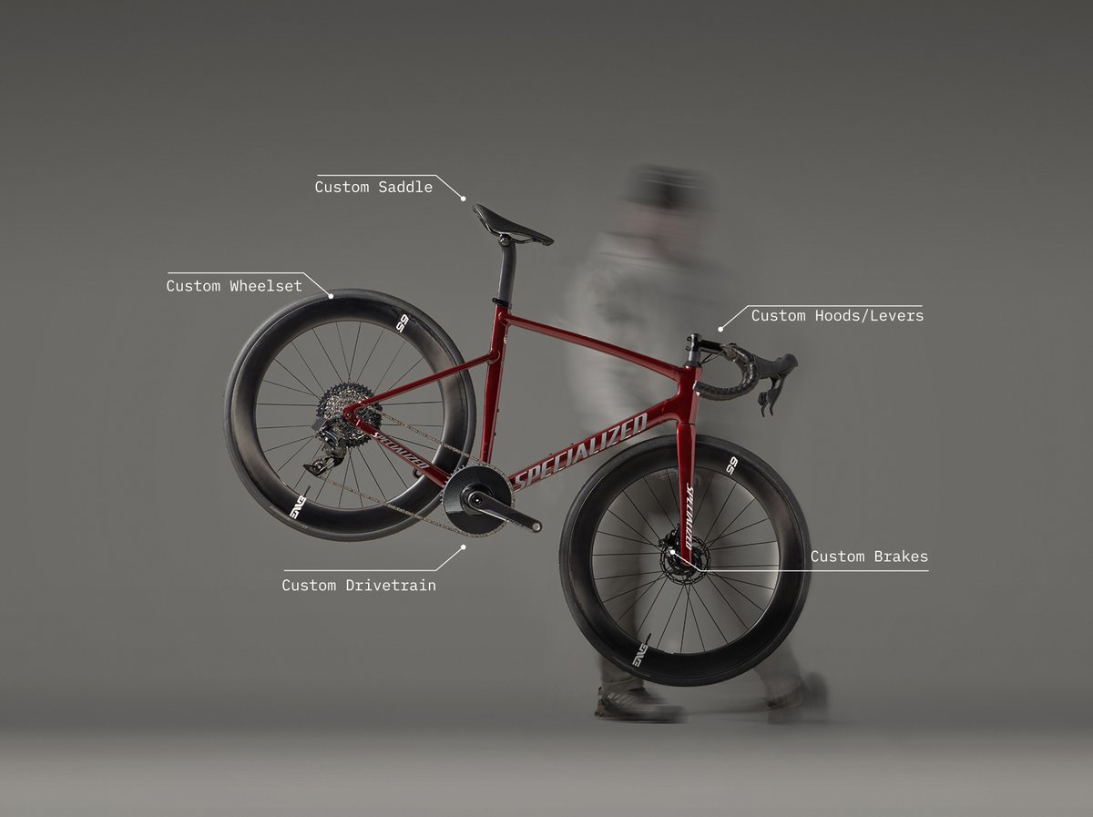 A red road bike floating in mid air, surrounded by handwritten notes like “custom drivetrain” and “custom hoods/levers” and “custom wheelset” with arrows pointing to different parts of the bike.