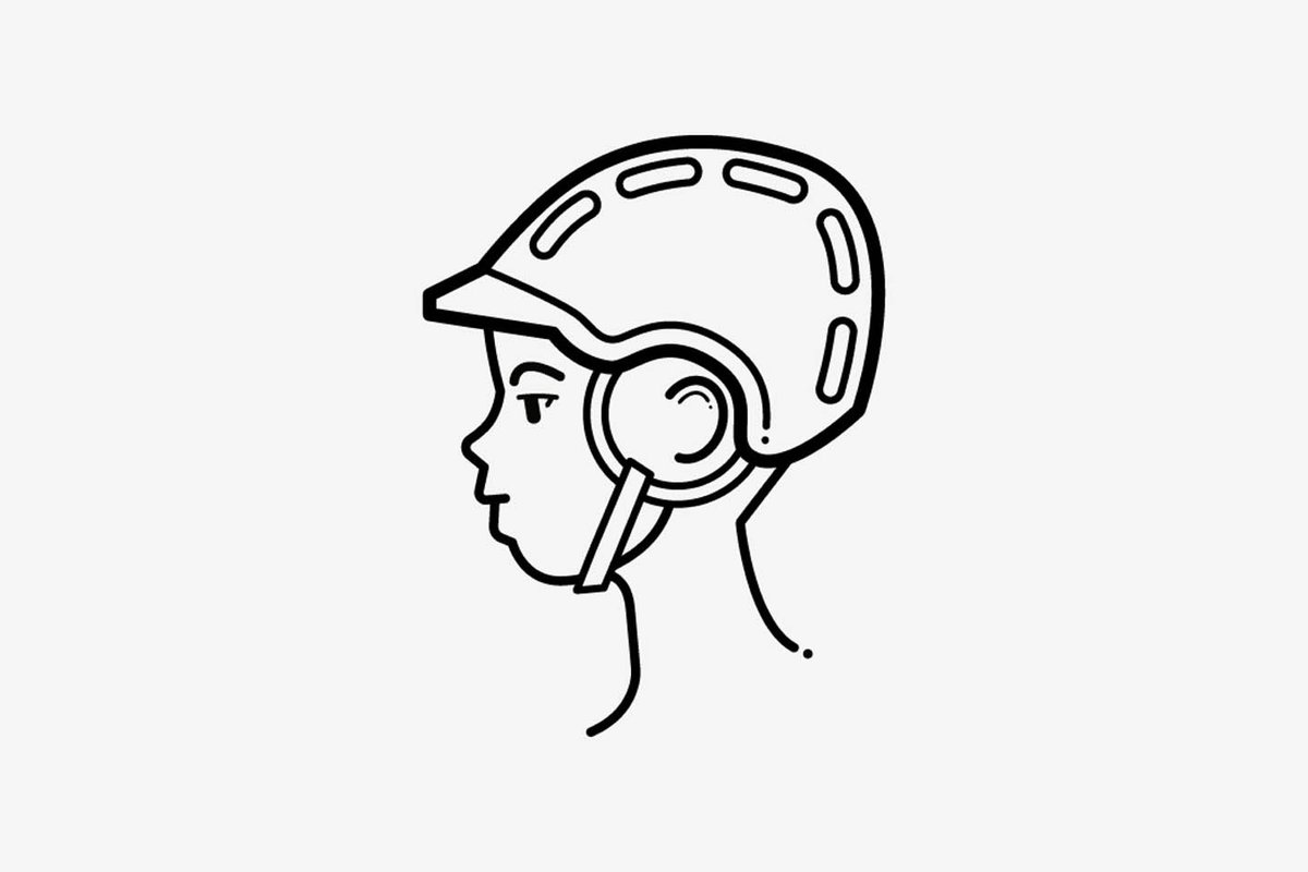 Line illustration of a child wearing a properly fitted bike helmet with chin strap.