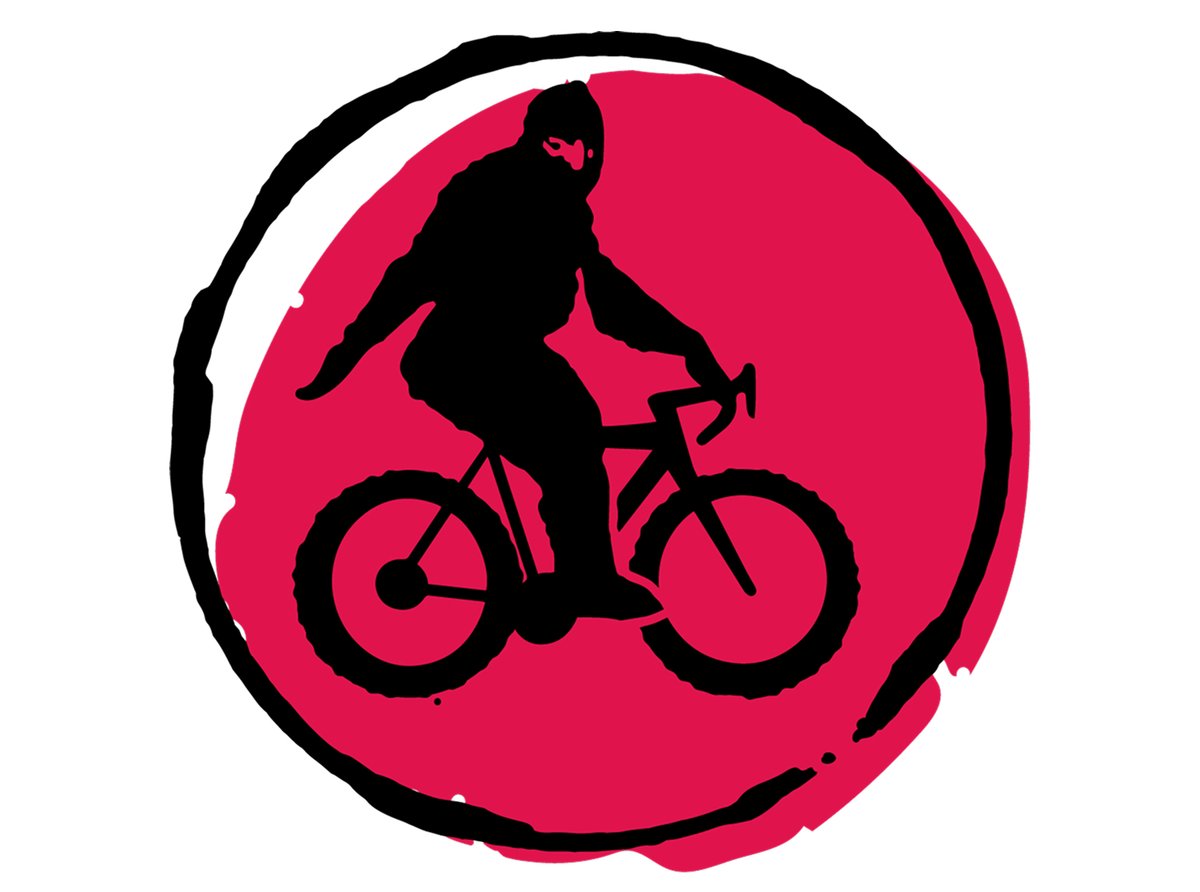 Stylized image of a bigfoot riding a bike in a circle