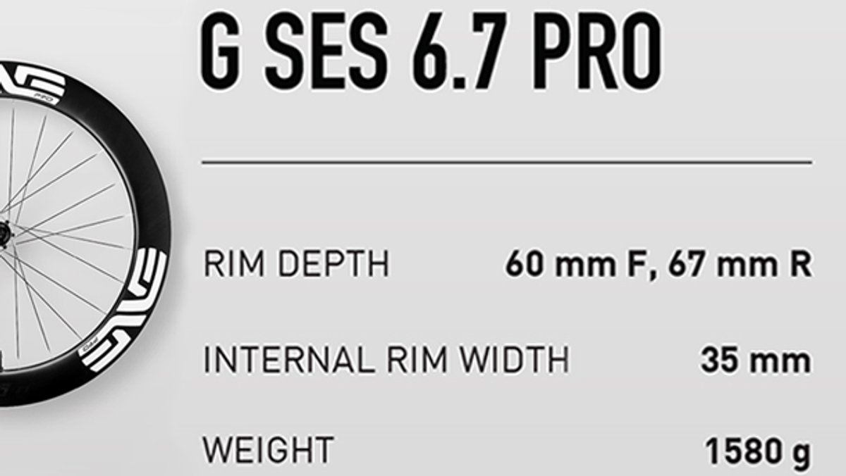 Comparison graphic showing three ENVE G SES carbon gravel wheelsets side by side with specs: the G SES 6.7 Pro (60/67mm rim depth, 35mm internal width, 1580g)