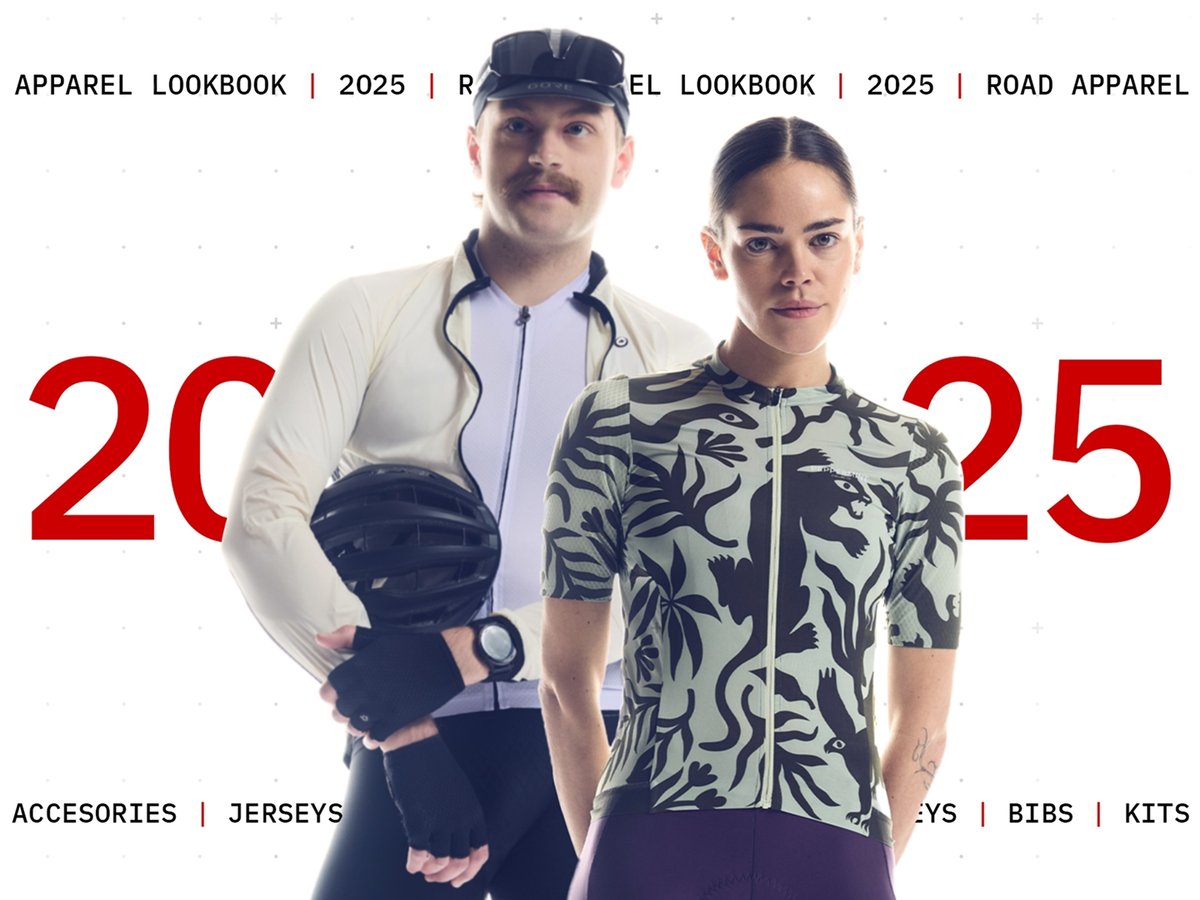 Two people wear road cycling gear. Text overlay reads 2025 road apparel lookbook