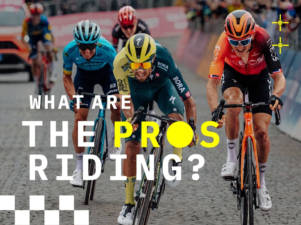 Three riders push for a photo finish on a cobblestone street in France. White and yellow text reads: “What are the pros riding?”