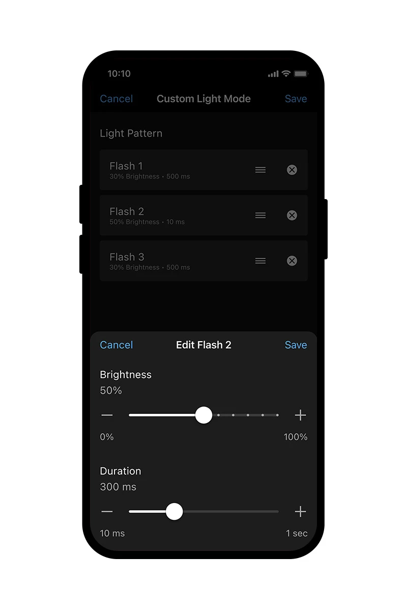 Phone screen showing setting options for tail light brightness and duration.