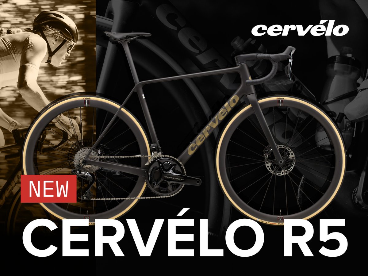 A black and gold Cervélo R5 road bike displayed against a dark background, with text stating "New Cervélo R5"; the image also features a cyclist riding the same bike on the left and the Cervélo logo in the top right.