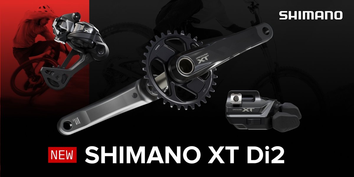 A MTB crankset, electronic shifter, and derailleur. The Shimano logo hovers in the top right corner, and text reads “NEW Shimano XT Di2.”
