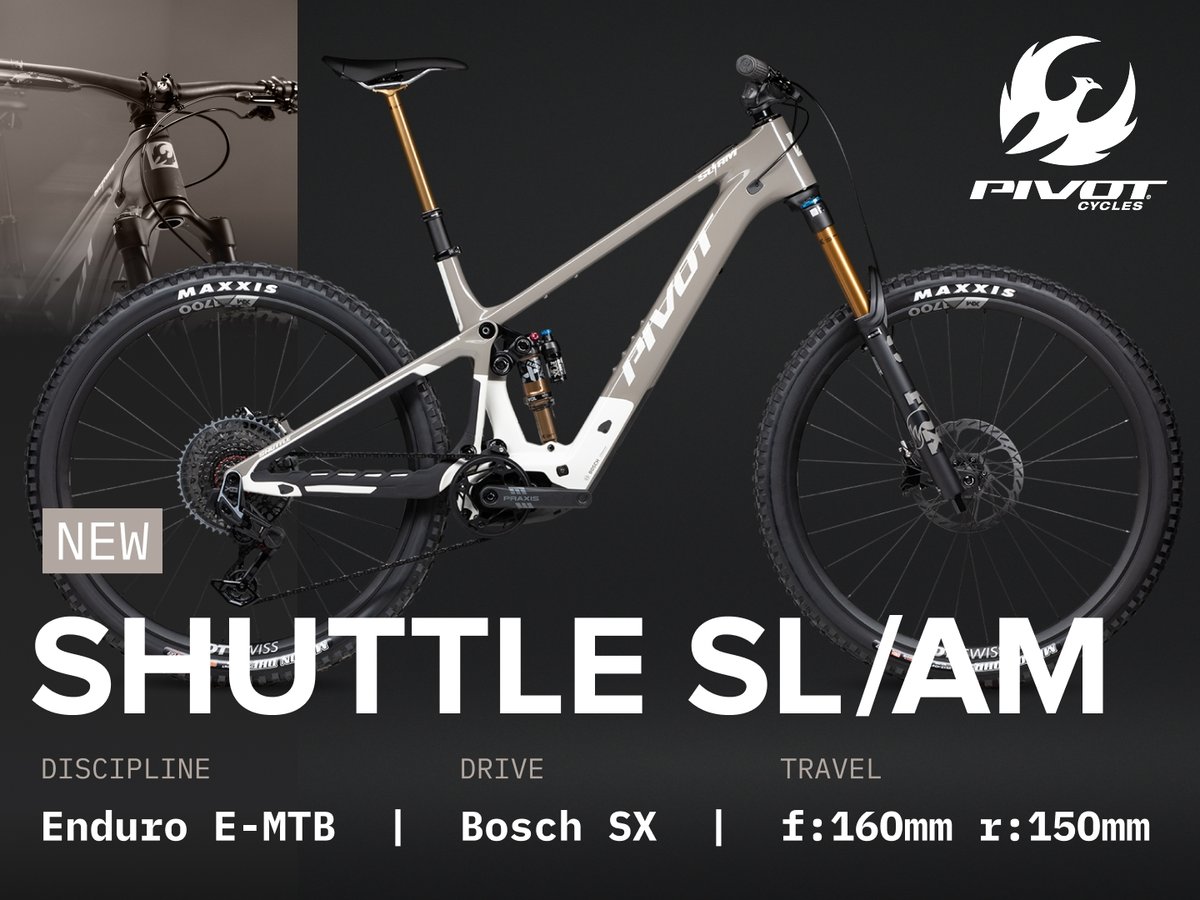 A grey and white enduro e-mtb from Pivot with Bosch SX drive system, 160mm front travel and 150mm rear travel. 