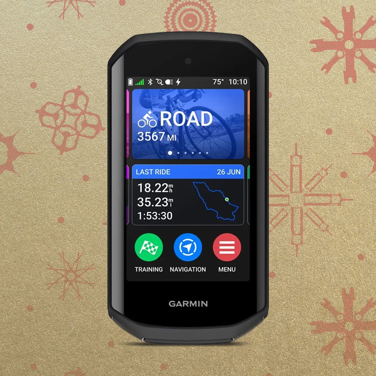 A Garmin cycling computer displaying a ride summary.