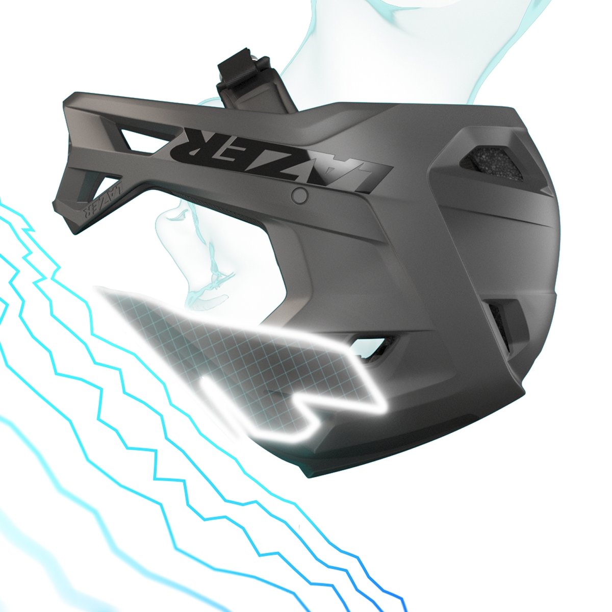 An illustration depicting a rider in a full-face helmet colliding with the ground. 