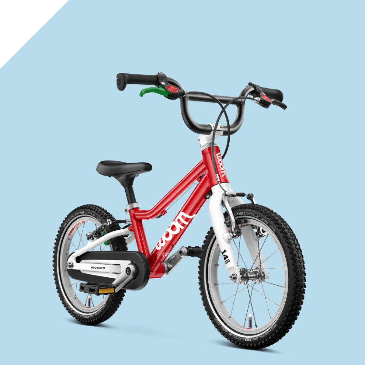 Woom Go bike three quarters profile from the front.