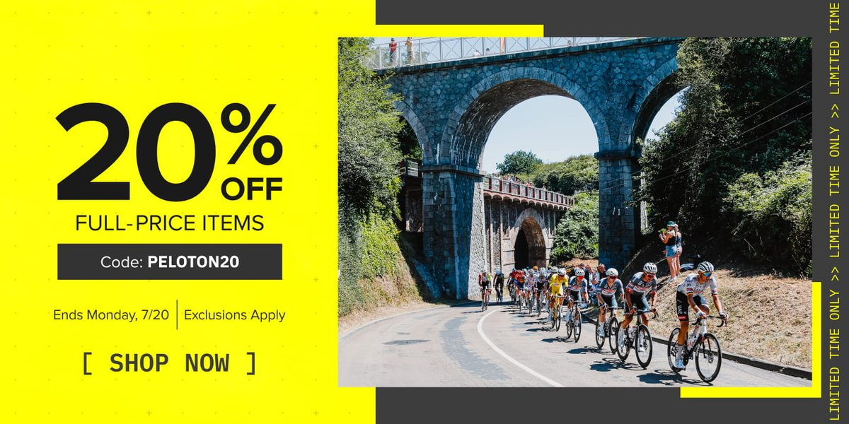20% off full-price items with code PELOTON20. Ends Monday 7/20. Cyclists racing up a climb. Shop now.