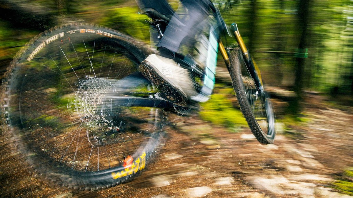 Panned motion shot of a mountain bike rear wheel with Maxxis tires and gold fork, front wheel lifted off a forest trail, with heavy motion blur.