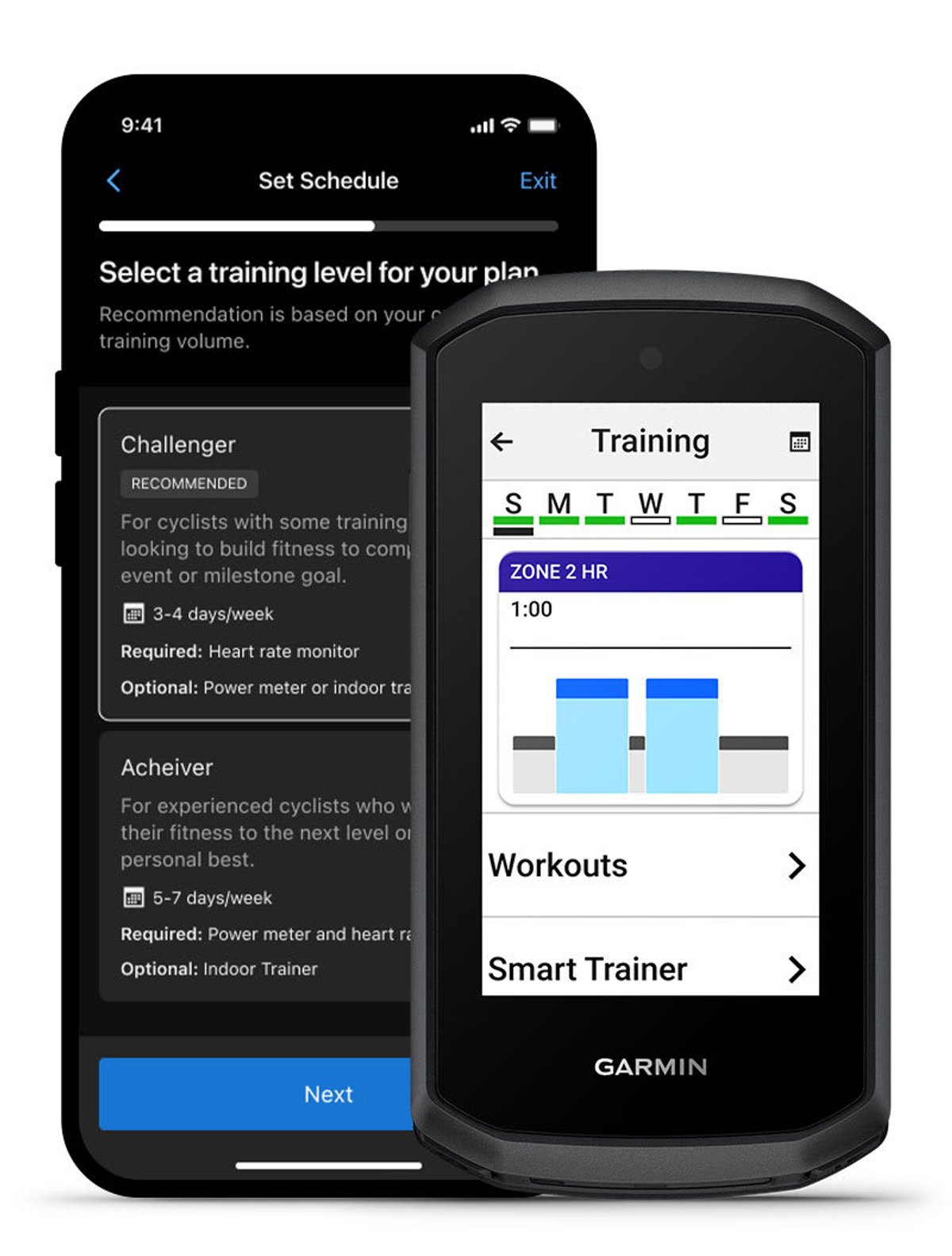 Phone and Edge Explore 3 showing training plan setup and a Zone 2 heart rate workout