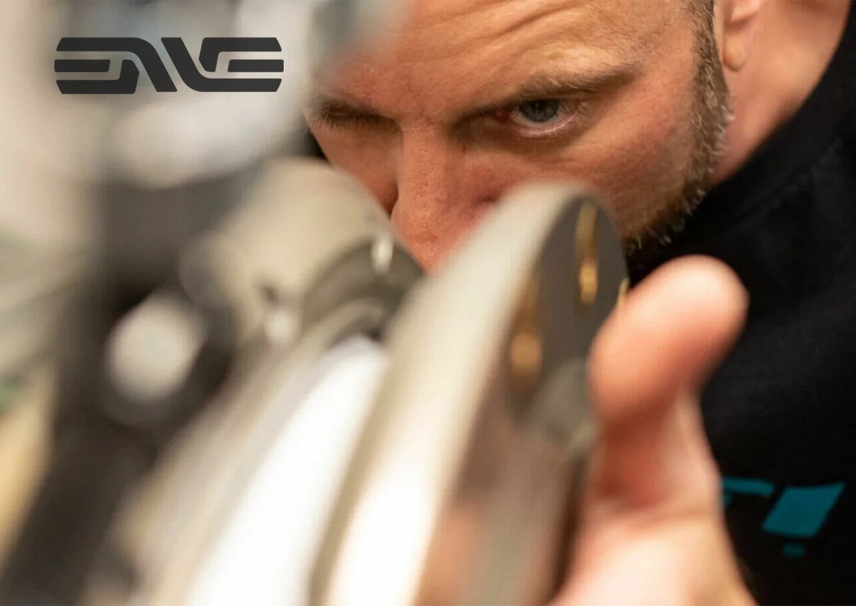 Close detail shot of ENVE wheel in the shop being inspected.