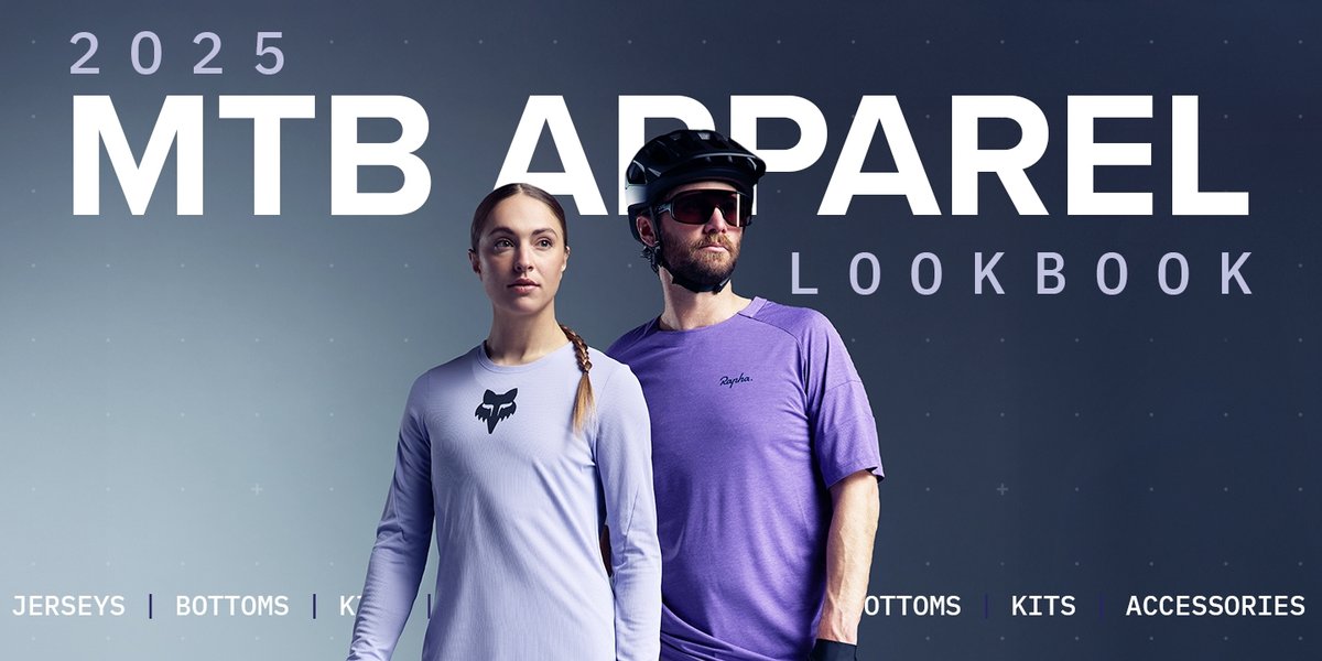Two people in purple mountain bike apparel look onward. The words “2025 MTB Apparel Lookbook” appear to their left. The words, “Jerseys. bottoms kits, accessories” read like a ticker.