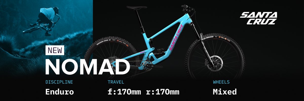 The new Santa Cruz Nomad full-suspension mountain bike in bright teal with pink accents, shown in a side profile against a dark background, with an action shot of a rider descending a steep trail in the upper left.