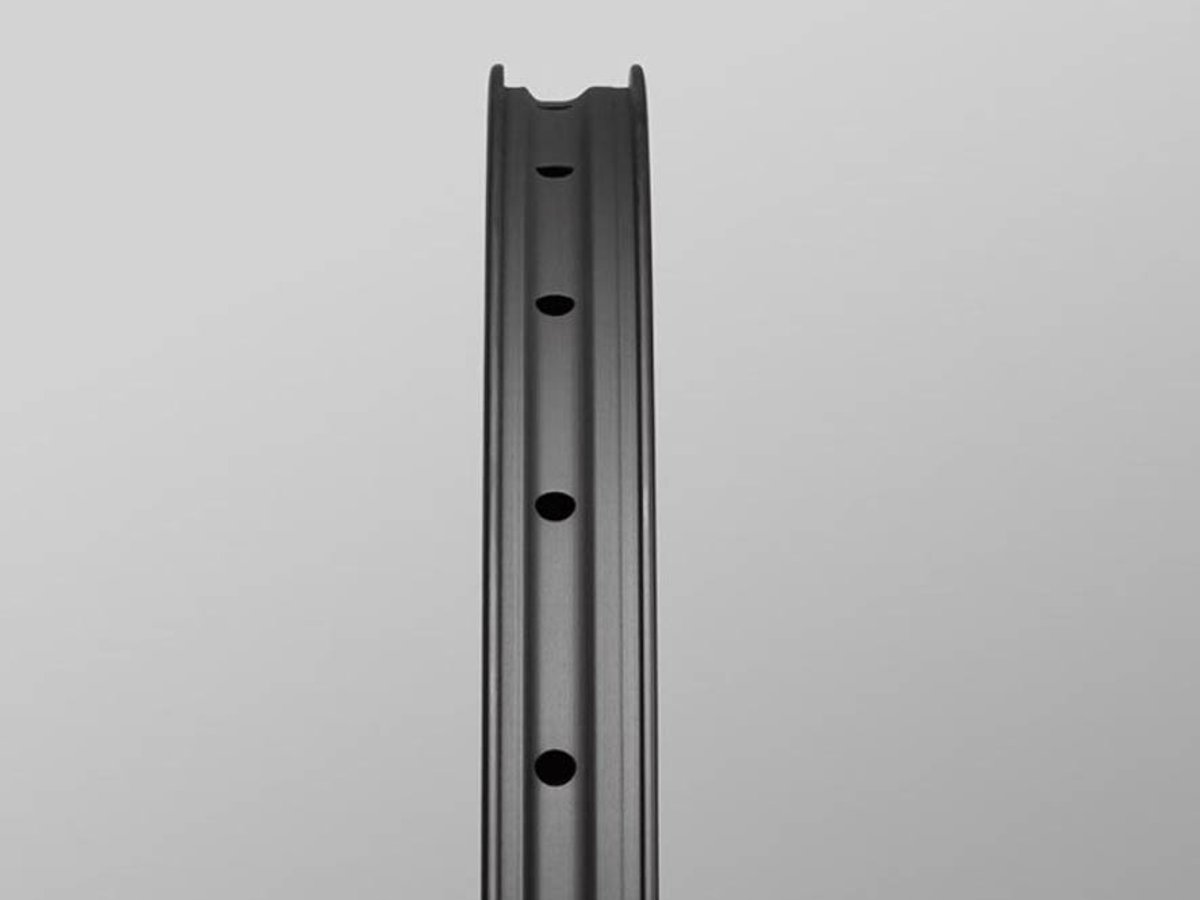 End-on cross-section view of a black carbon mountain bike rim showing the tubeless bead hooks and spoke bed holes, on a gray background.