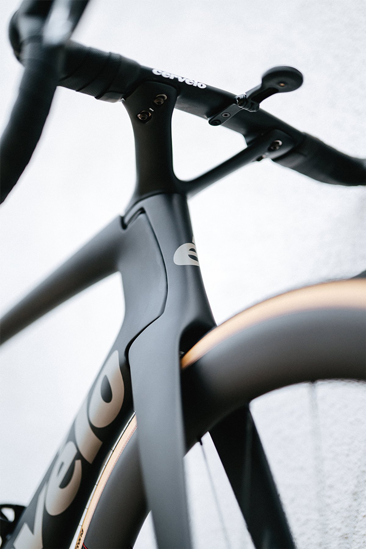 Close-up of a road bike frame and fork with front wheel visible.