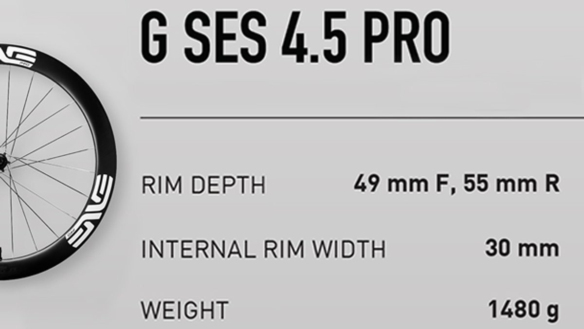 Comparison graphic showing three ENVE G SES carbon gravel wheelsets side by side with specs: the G SES 4.5 Pro (49/55mm rim depth, 30mm internal width, 1480g)