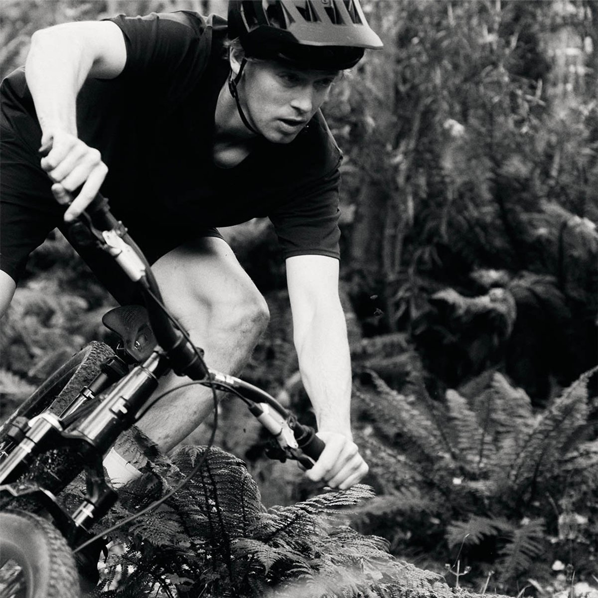 Black-and-white close-up of a male mountain biker in an aggressive attack position, focused expression, riding through fern-covered terrain.