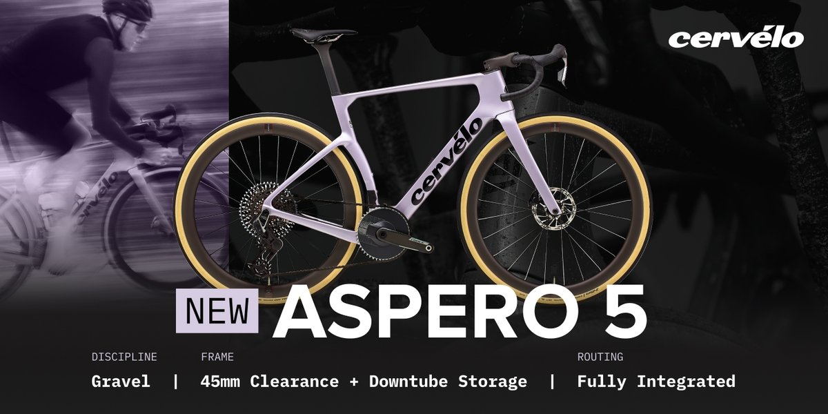 A lilac-colored drop-bar bike with tan side-wall tires shown on a dark background. The Cervelo logo hovers in the top left, while overlaid text reads “New Aspero 5. Discipline: gravel. Frame: 45mm Clearance. Routing: Fully Integrated.”