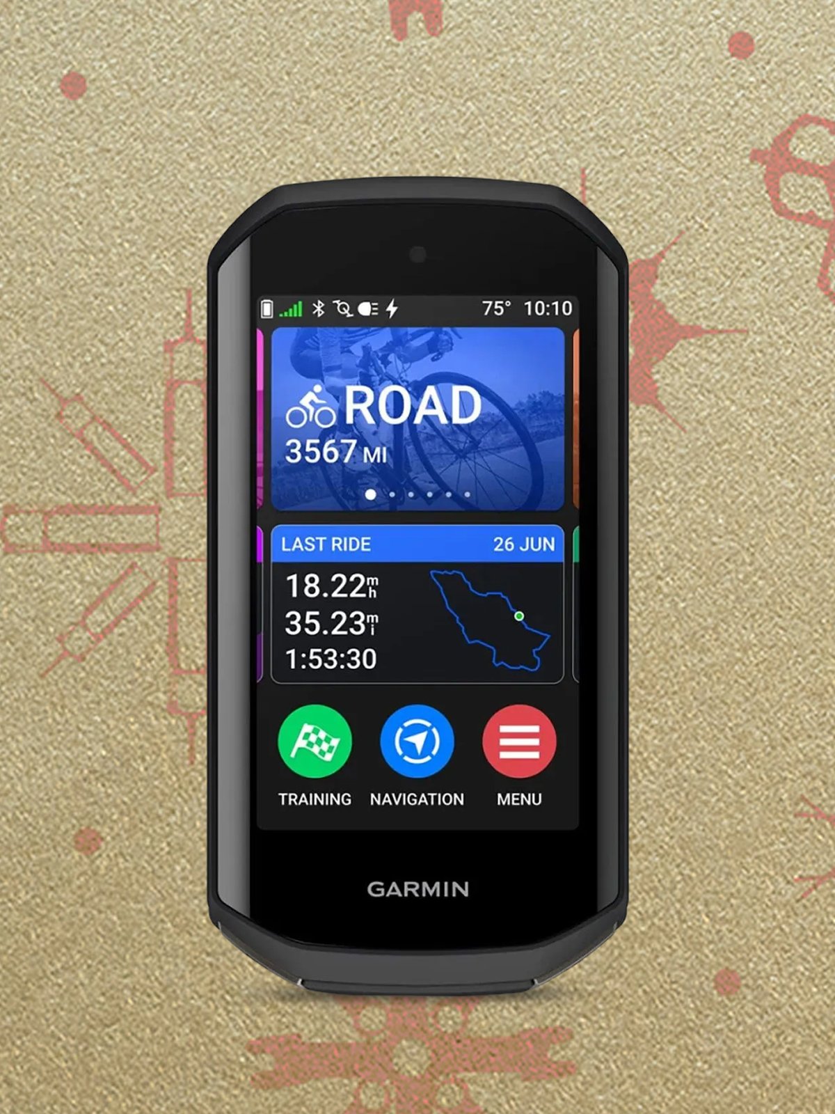A Garmin cycling computer displaying a ride summary.