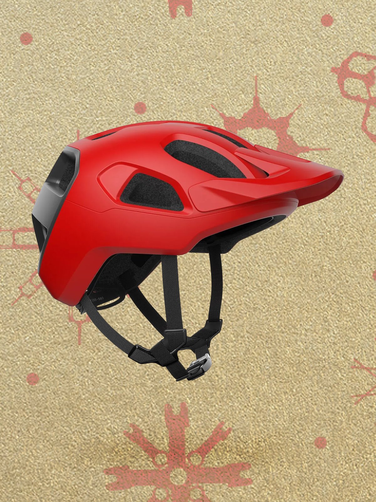 A red mountain bike helmet displayed against a gold background with red holiday-themed patterns and stripes.